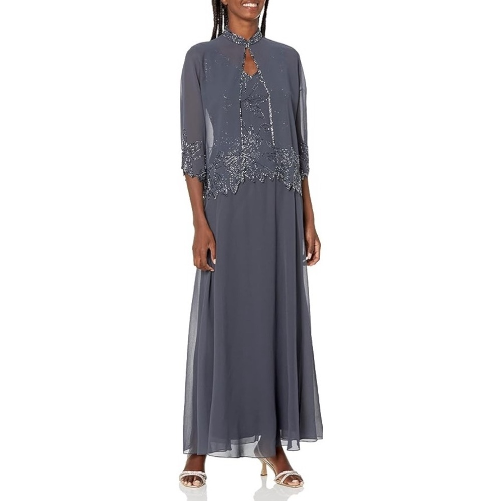 NWT J Kara 2pc beaded dress and long jacket size 4 gray